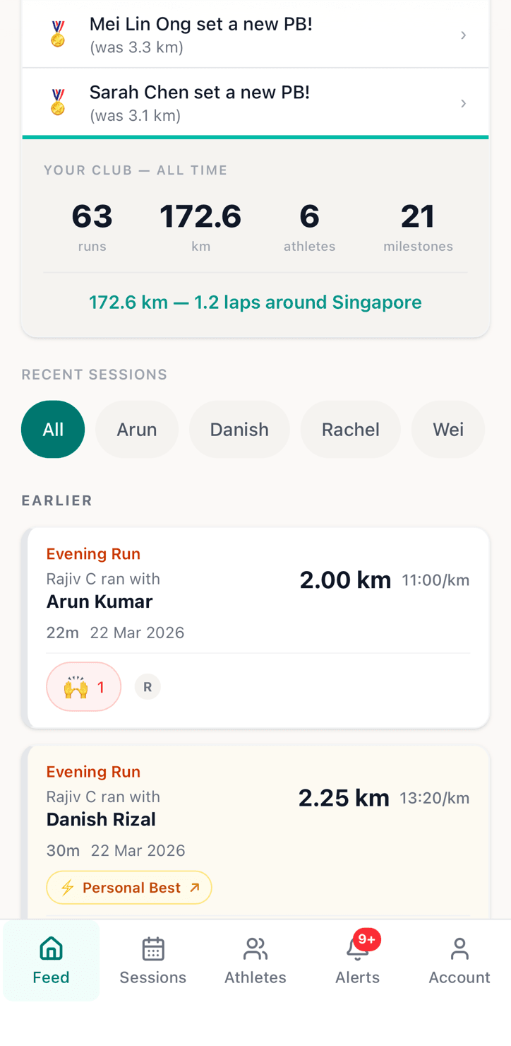 Club overview showing aggregate stats, recent sessions, and personal bests
