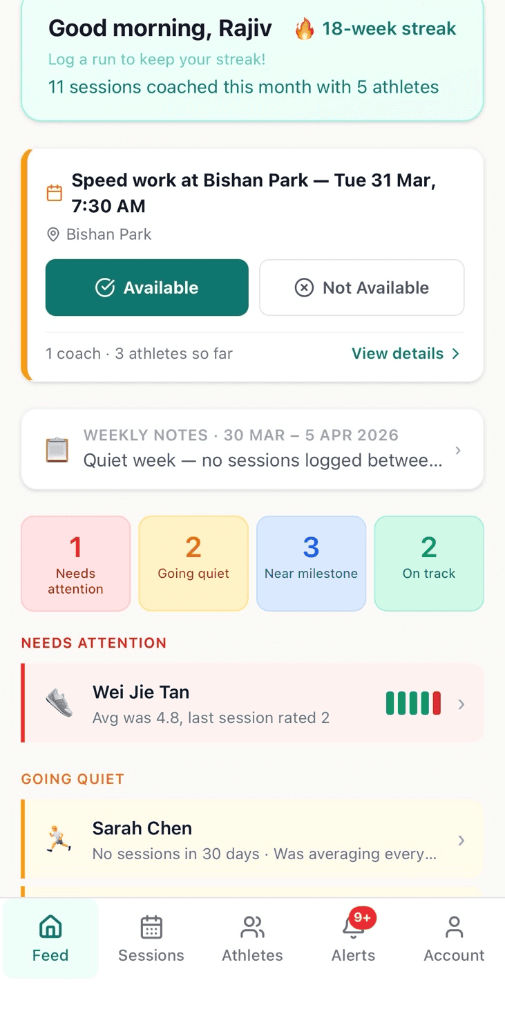 Coach feed showing priority alerts, RSVP buttons, and weekly digest summary