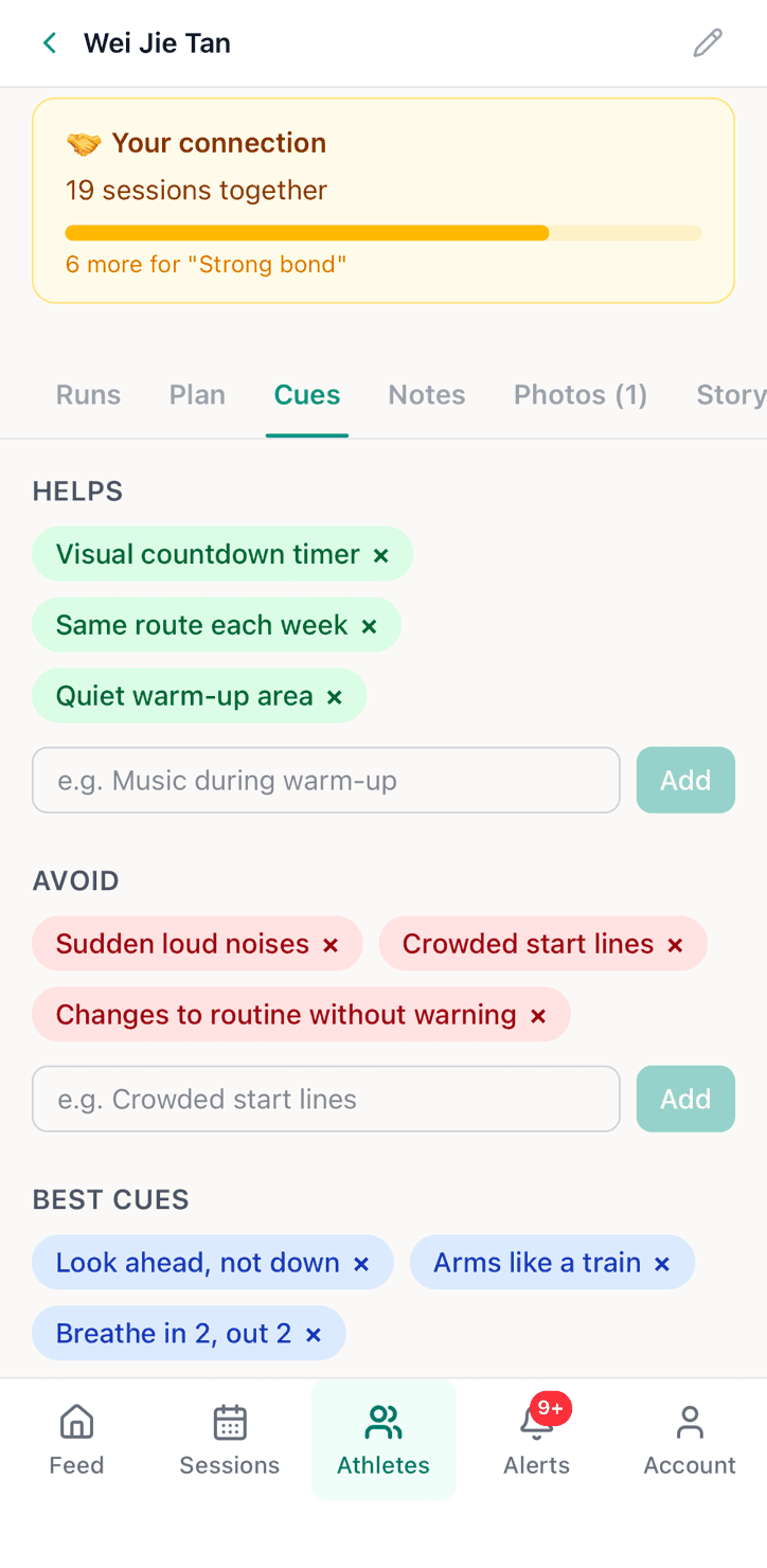 Athlete cues page showing helps, avoids, and coaching cues for personalized support